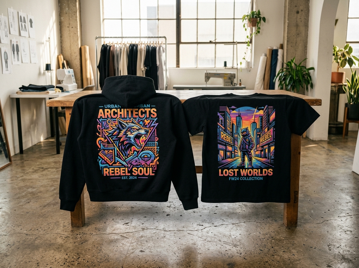 Custom DTF printed T-shirts and streetwear hoodie