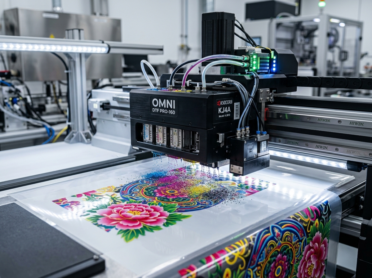 Industrial DTF printer printing on PET transfer film
